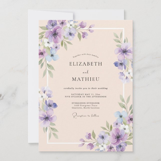 Invitation Mariage aux feuilles de pêche lavande (Devant)