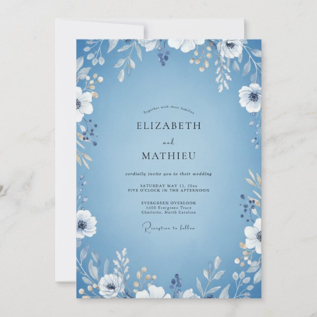 Invitation Mariage aux feuilles de pervenche au clair de lune (Devant)