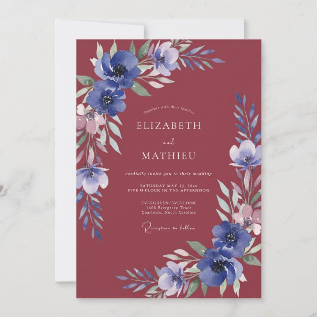 Invitation Mariage aux Feuilles de Pervenche Cramoisi (Devant)