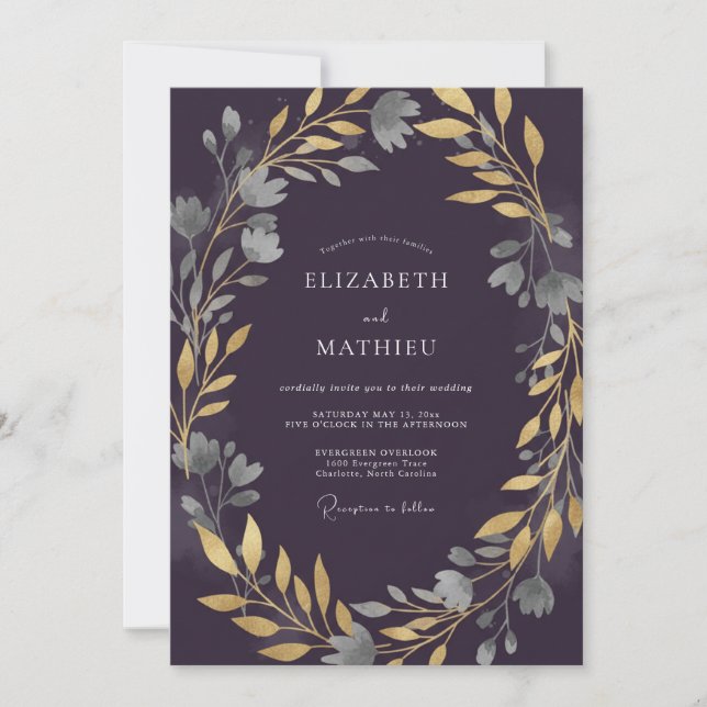 Invitation Mariage aux feuilles de prunier dorées (Devant)