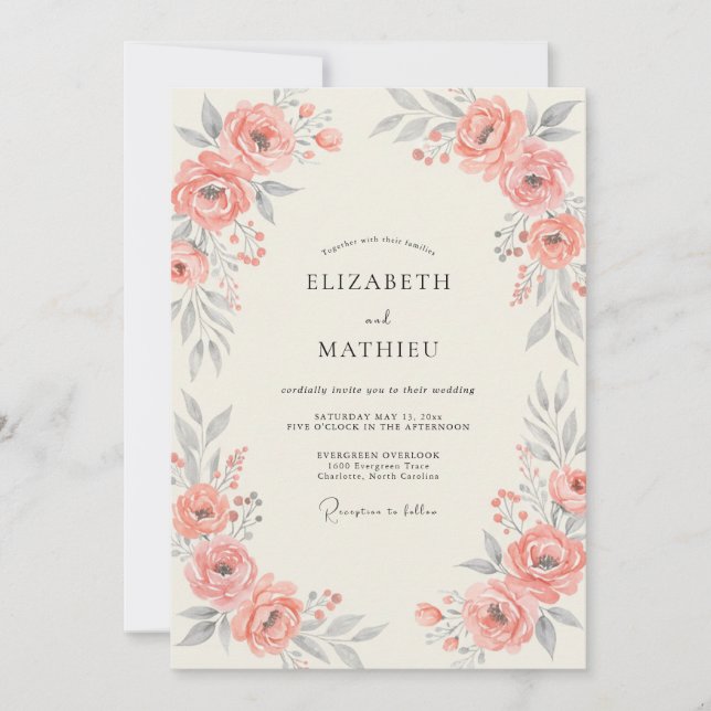 Invitation Mariage aux feuilles de saumon corail (Devant)