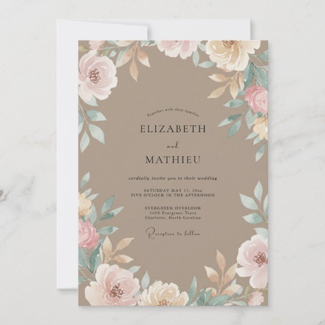 Invitation Mariage aux Feuilles de Taupe Mauve (Devant)