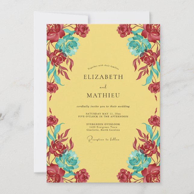 Invitation Mariage aux Feuilles de Teal Cramoisi (Devant)