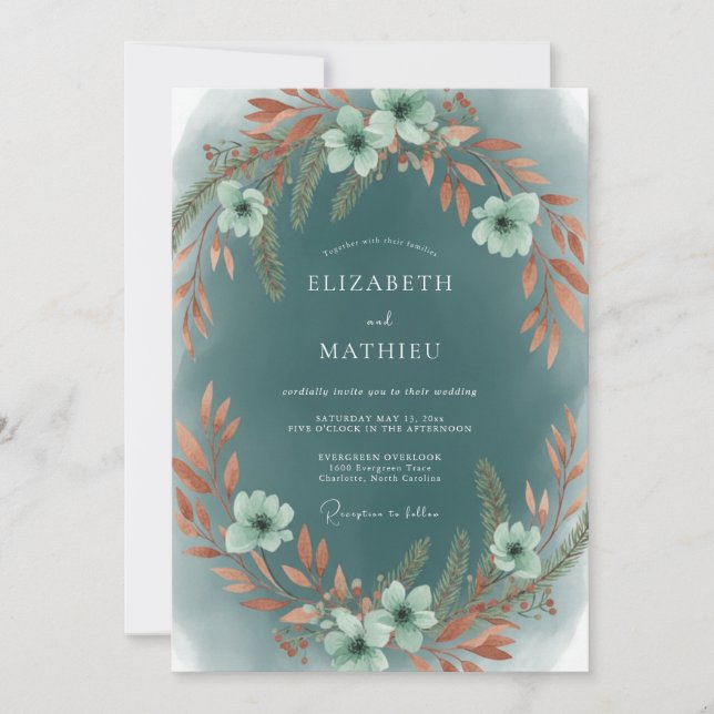 Invitation Mariage aux feuilles de terre cuite sarcelle (Devant)