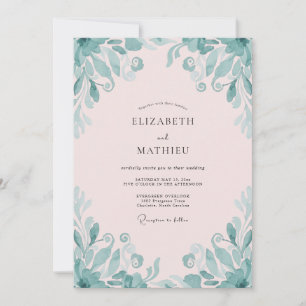 Invitation Mariage aux feuilles de thé vert pâle rose