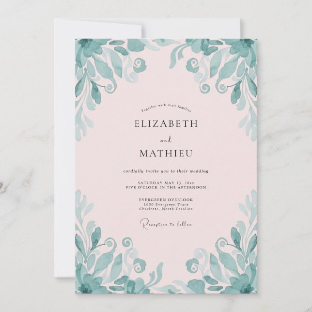Invitation Mariage aux feuilles de thé vert pâle rose (Devant)