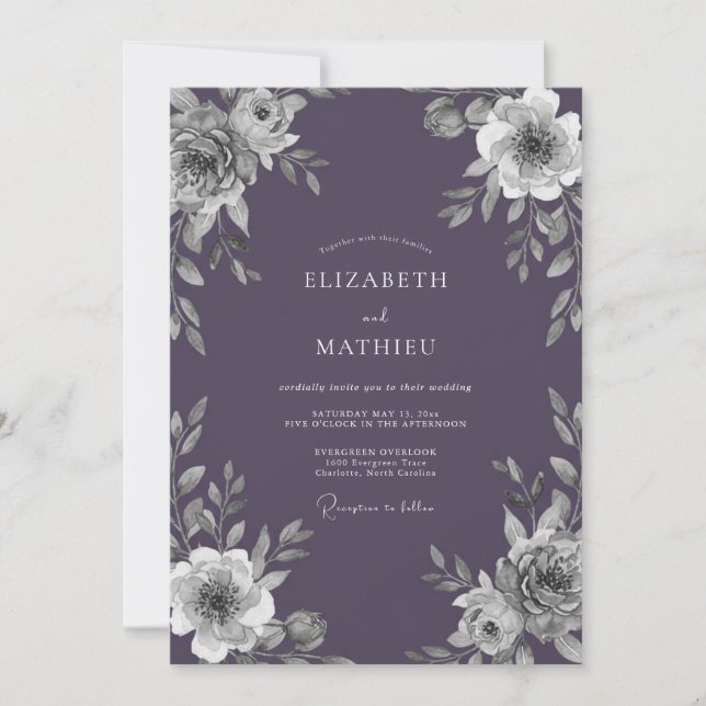Invitation Mariage aux Feuilles de Violette Poussiéreuse (Devant)