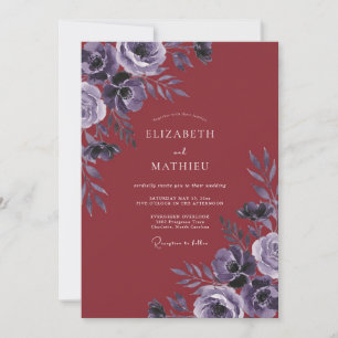 Invitation Mariage aux Feuilles de Violette Rouge Profond