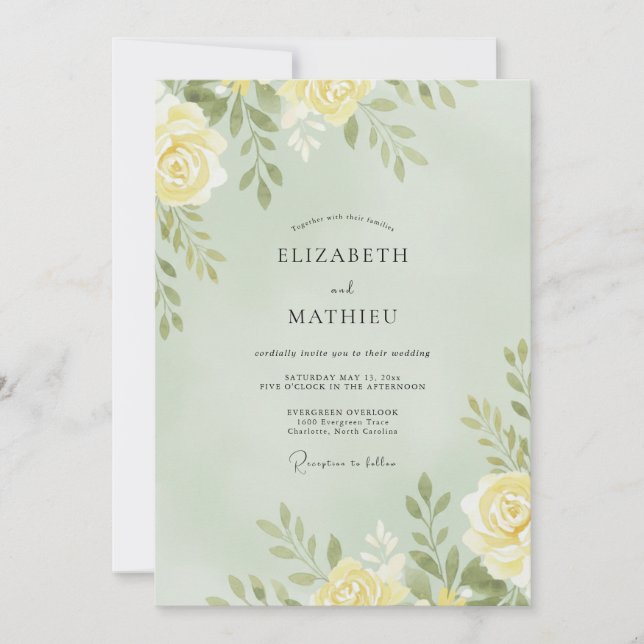 Invitation Mariage aux feuilles délicates jaune beurre (Devant)