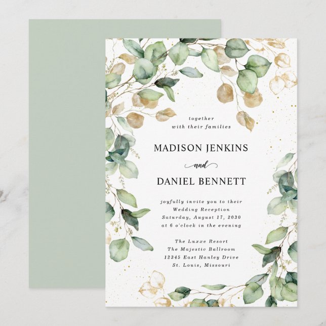 Invitation Mariage aux feuilles d'eucalyptus dorées (Devant / Derrière)