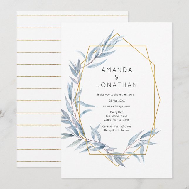 Invitation Mariage aux feuilles d'eucalyptus géométriques ble (Devant / Derrière)