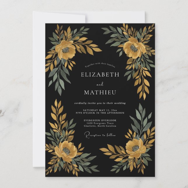 Invitation Mariage aux Feuilles d'Ocre Noir (Devant)