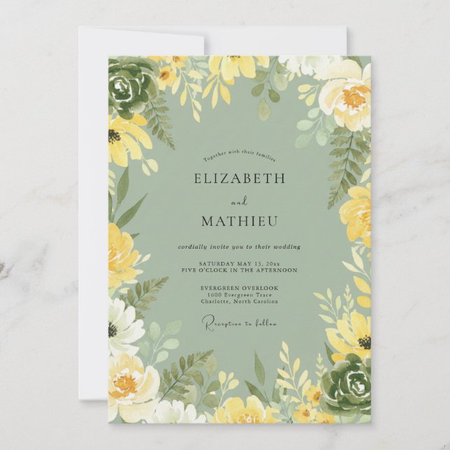 Invitation Mariage aux feuilles d'olive jaune (Devant)