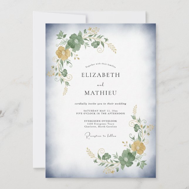 Invitation Mariage aux feuilles d'olive ocre (Devant)