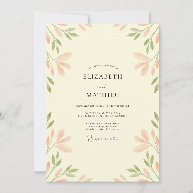 Invitation Mariage aux feuilles d'olivier corail (Devant)