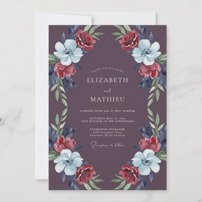 Invitation Mariage aux Feuilles Écarlates de Prune (Devant)