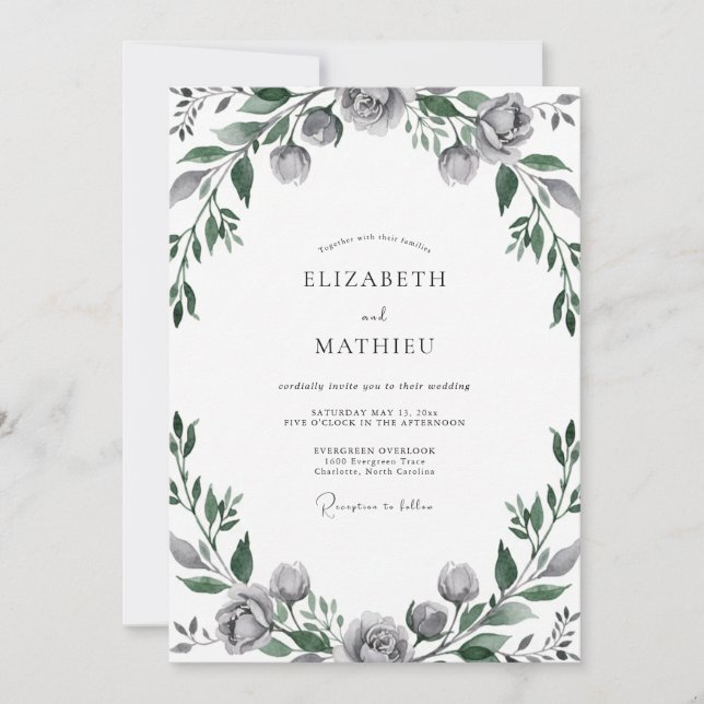 Invitation Mariage aux Feuilles Grises Acier (Devant)