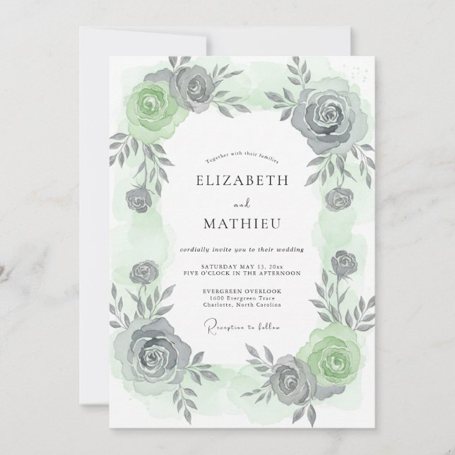 Invitation Mariage aux Feuilles Grises Argentées (Devant)