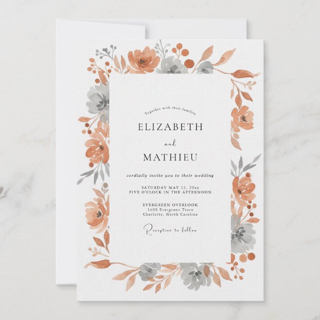 Invitation Mariage aux feuilles grises et terracotta (Devant)