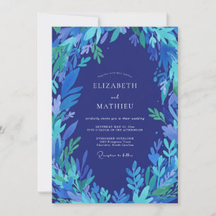 Invitation Mariage aux feuilles indigo cobalt