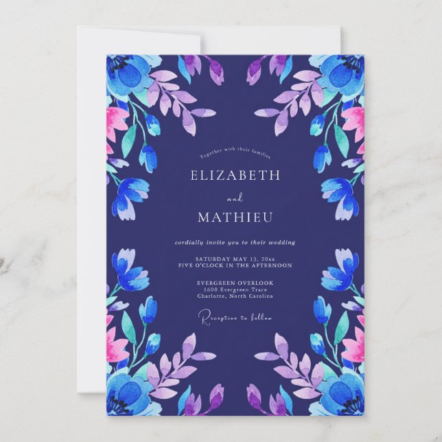 Invitation Mariage aux Feuilles Indigo Magenta (Devant)