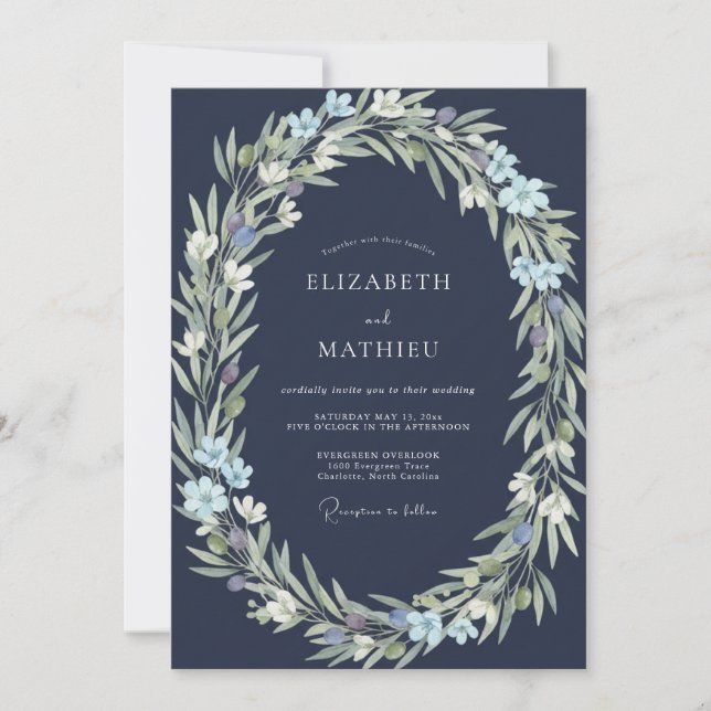 Invitation Mariage aux Feuilles Indigo Navy (Devant)