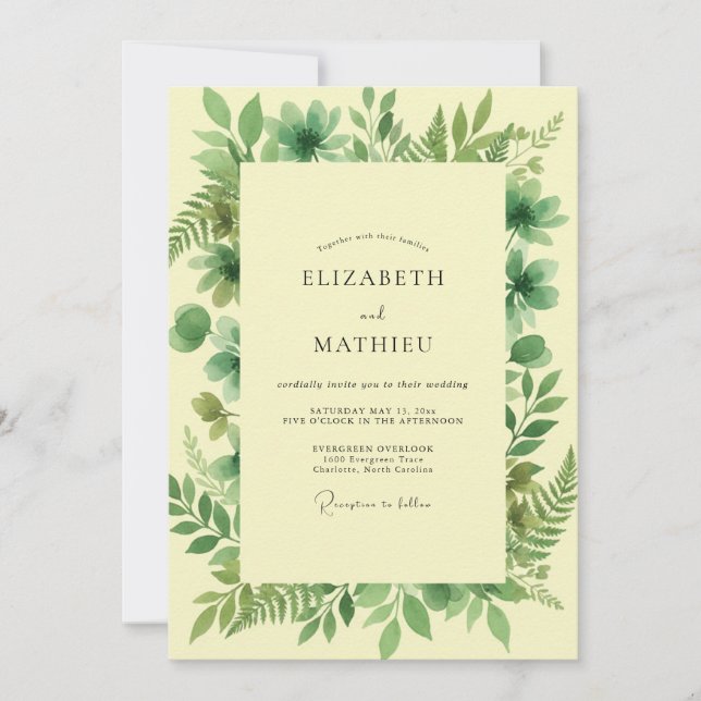 Invitation Mariage aux Feuilles Jaune Pâle (Devant)