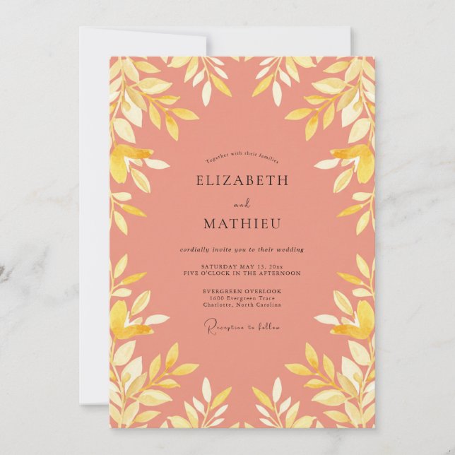 Invitation Mariage aux Feuilles Jaunes de Corail (Devant)