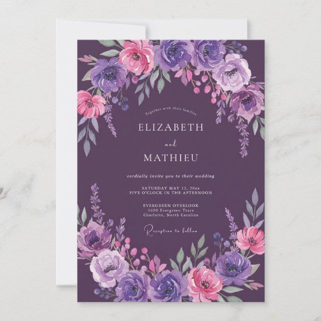 Invitation Mariage aux Feuilles Magenta et Prune (Devant)