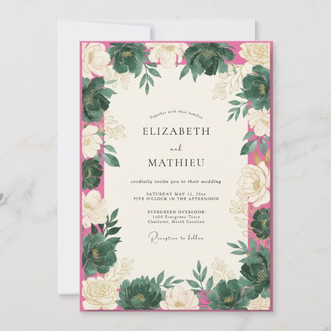 Invitation Mariage aux Feuilles Magenta Sarcelle (Devant)