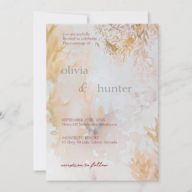 Invitation Mariage aux feuilles pastel aquarelle (Devant)