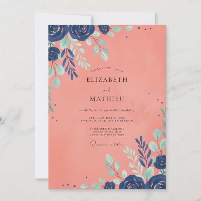 Invitation Mariage aux Feuilles Peintes de Corail (Devant)