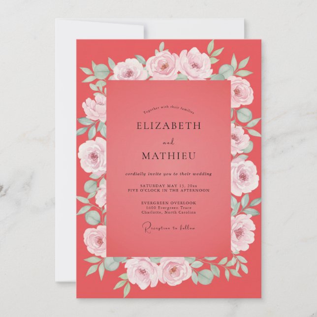 Invitation Mariage aux Feuilles Peintes de Corail (Devant)
