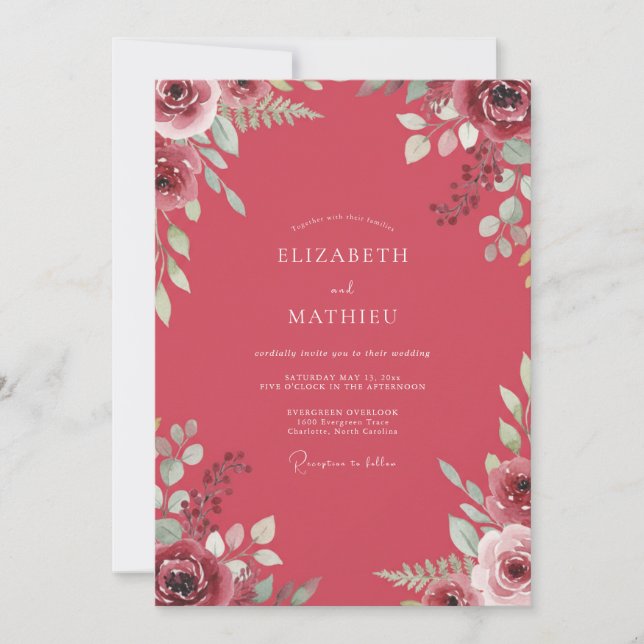 Invitation Mariage aux Feuilles Peintes de Framboise (Devant)