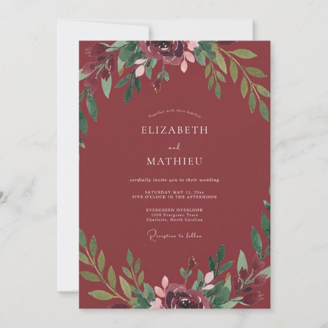 Invitation Mariage aux Feuilles Peintes en Rouge Brique (Devant)