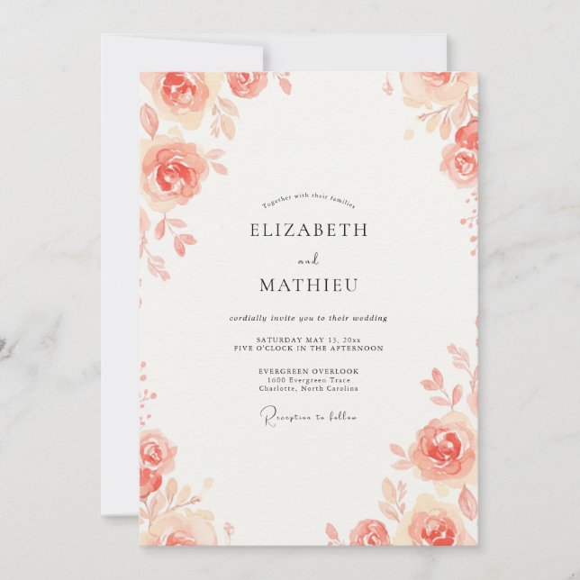 Invitation Mariage aux Feuilles Peintes Pêche (Devant)