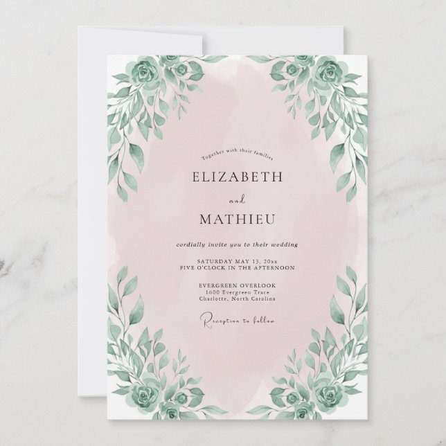 Invitation Mariage aux Feuilles Rose Pâle (Devant)