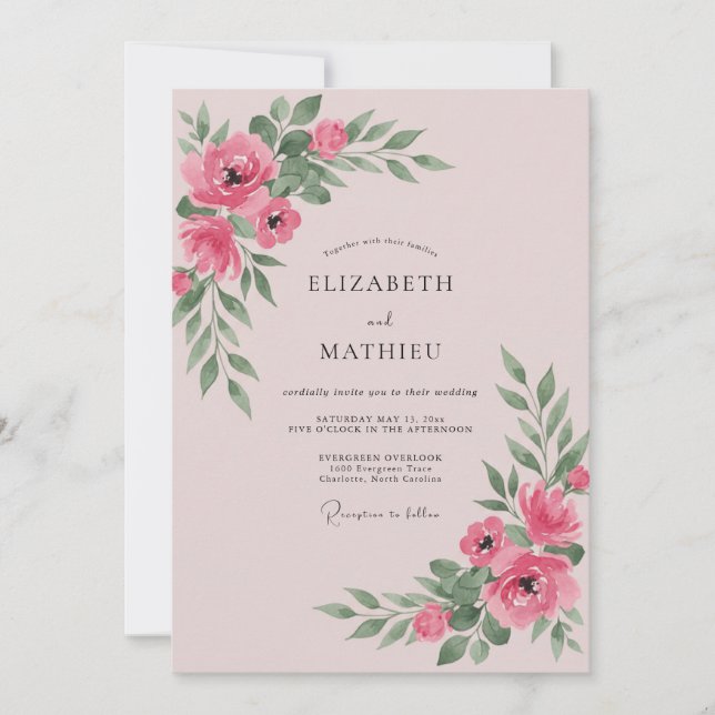 Invitation Mariage aux Feuilles Rose Pâle (Devant)