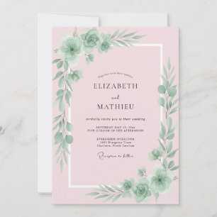 Invitation Mariage aux Feuilles Rose Pastel