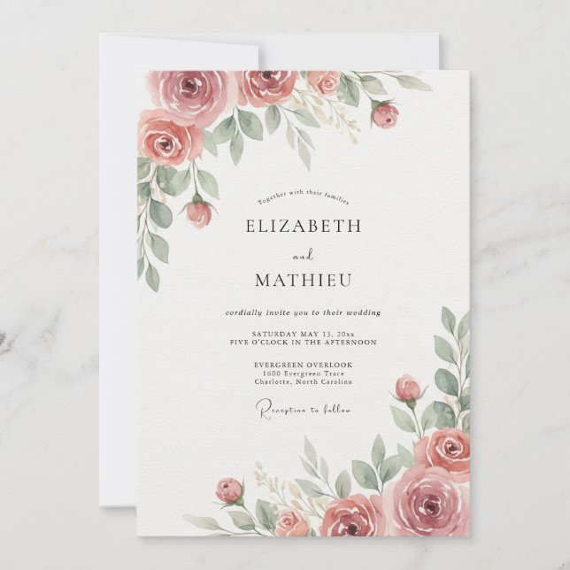 Invitation Mariage aux Feuilles Rose Poussiéreux (Devant)