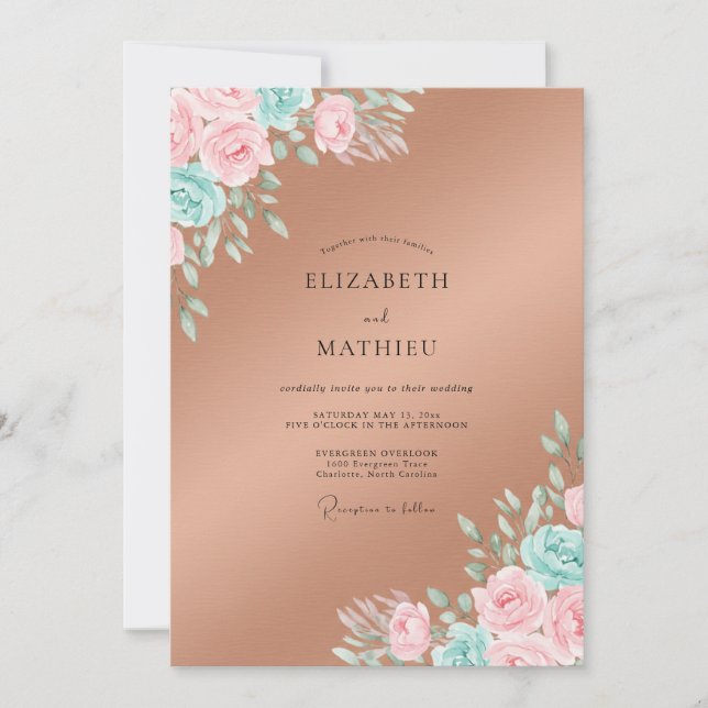 Invitation Mariage aux Feuilles Roses Cuivre (Devant)