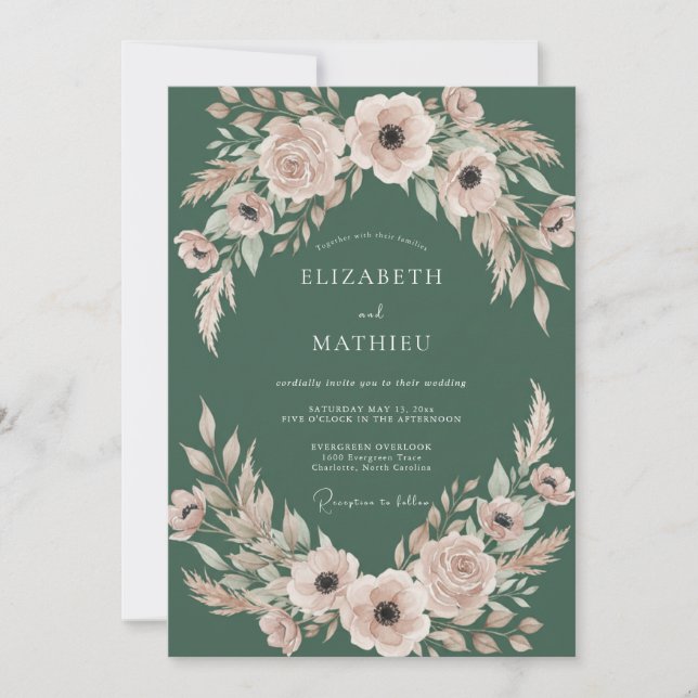 Invitation Mariage aux feuilles roses Hunter Blush (Devant)
