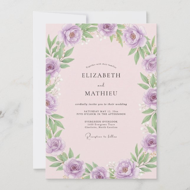 Invitation Mariage aux Feuilles Roses Pâles de Lilas (Devant)