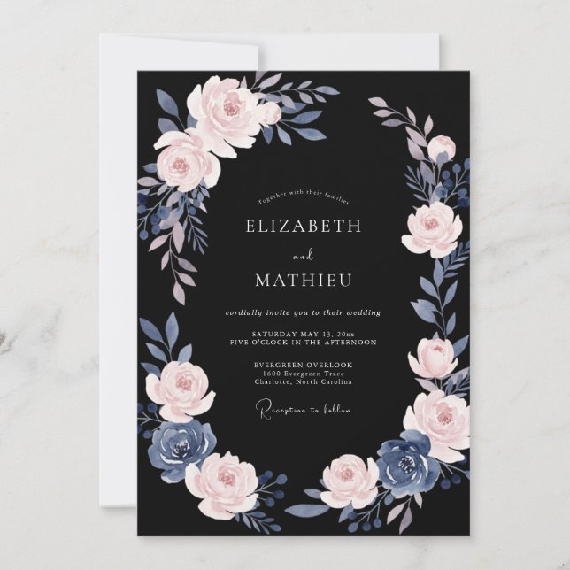 Invitation Mariage aux feuilles roses poussiéreuses noires (Devant)