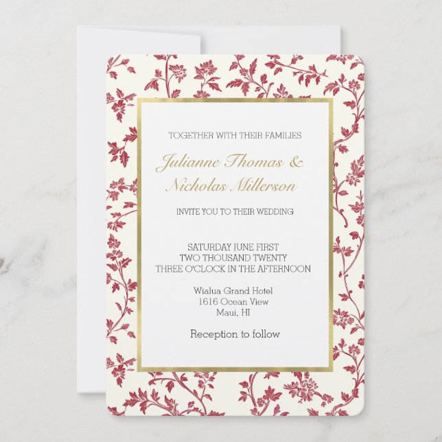 Invitation Mariage aux Feuilles Rouges Crème Romantique (Devant)