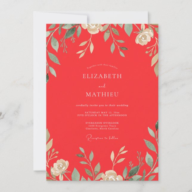 Invitation Mariage aux Feuilles Rouges de Pavot (Devant)