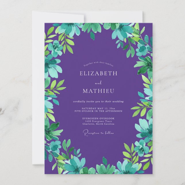 Invitation Mariage aux feuilles sarcelle violette (Devant)