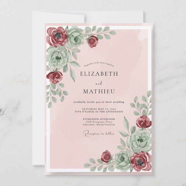 Invitation Mariage aux feuilles succulentes rose tendre (Devant)