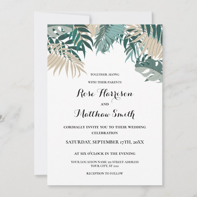 Invitation Mariage aux feuilles tropicales (Devant)