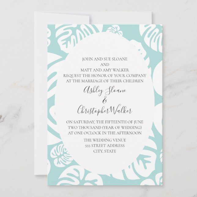 Invitation Mariage aux feuilles tropicales bleues et blanches (Devant)